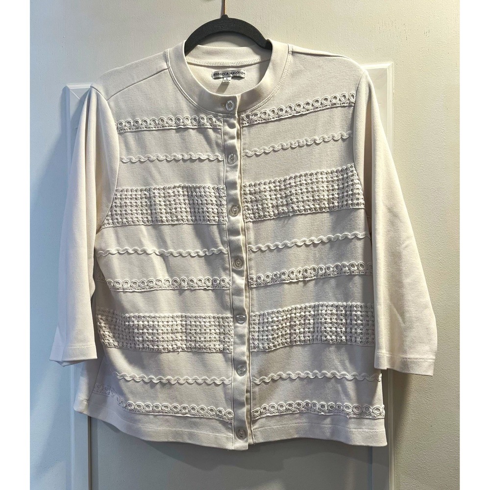 Rebecca Malone Vintage Women’s White with Lace Button-Front Cardigan Sweater L